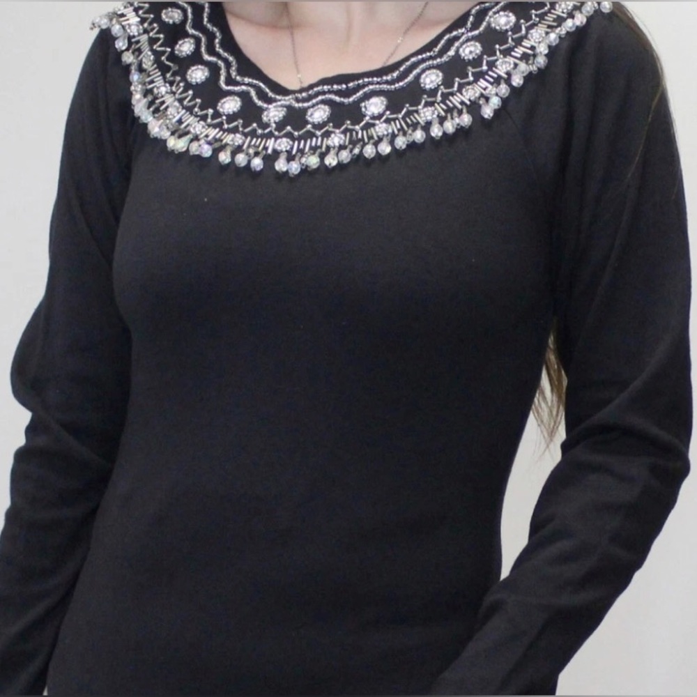 NWT Vintage Bodysuit Black Long Sleeve Beaded scoop neck Leotard ~ Snap-crotch